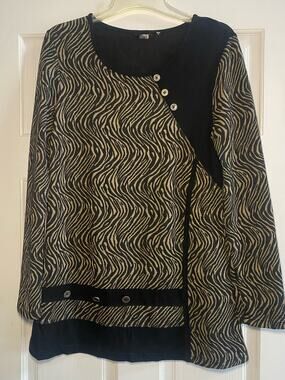 Kaktus Womens Tunic Top Small Black Textured Patchwork Embellished Long Sleeve